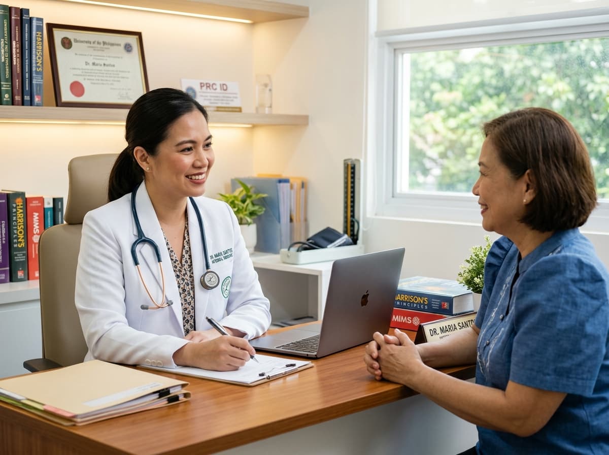 Friendly Filipina doctor conducting a warm, caring consultation inside her modern medical clinic in the Philippines