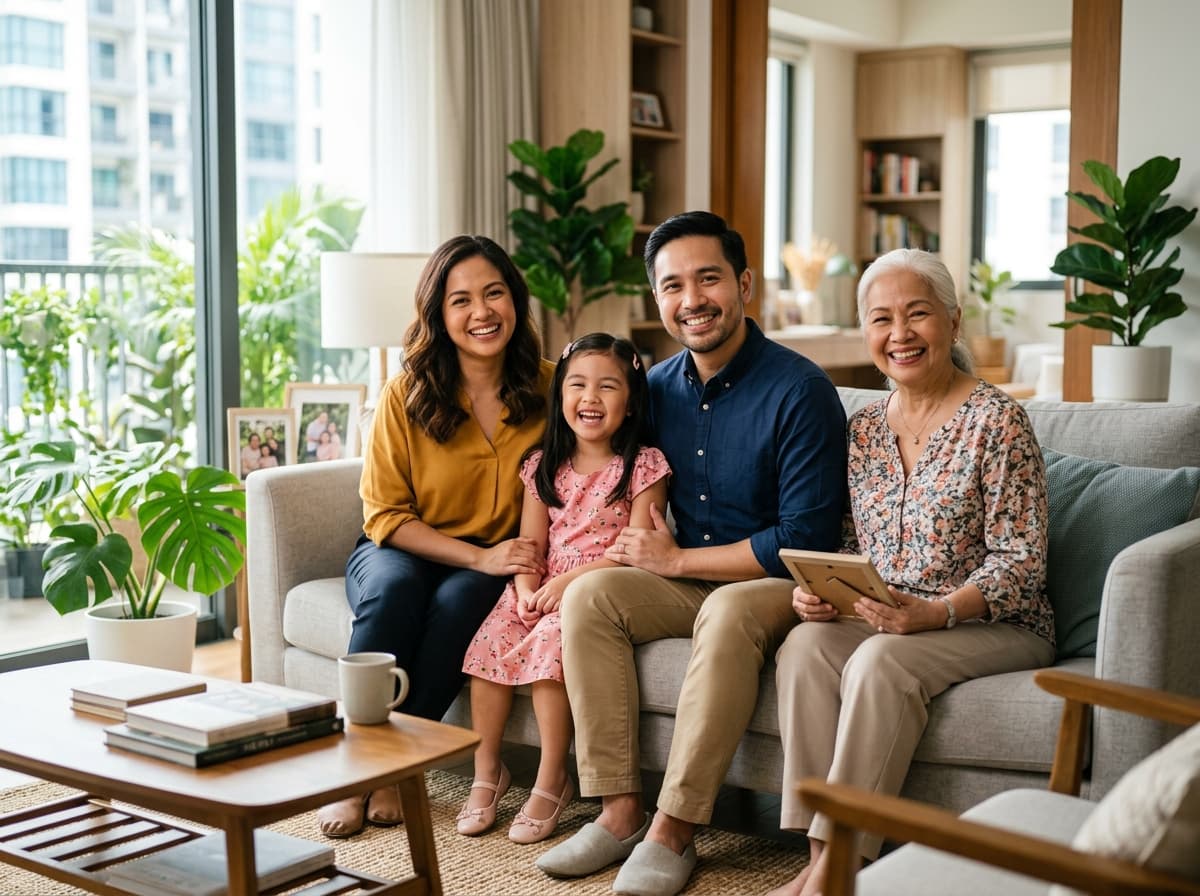 Smiling multigenerational Filipino family with grandmother, parents, and daughter at home experiencing peace of mind