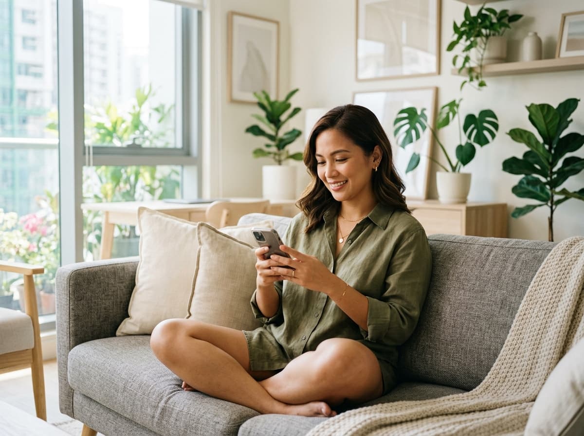 Filipino lady comfortably sitting in her home living room booking a clinic appointment on her smartphone